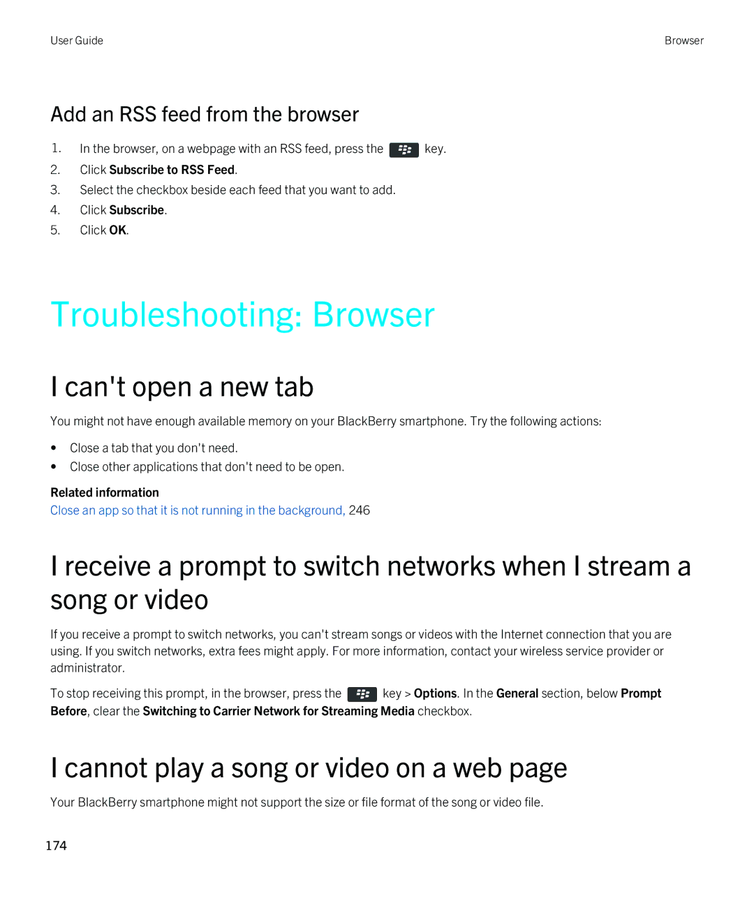 Blackberry 9380 manual Troubleshooting Browser, Cant open a new tab, Cannot play a song or video on a web 
