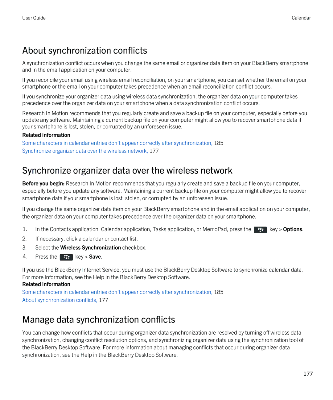 Blackberry 9380 manual About synchronization conflicts, Synchronize organizer data over the wireless network 