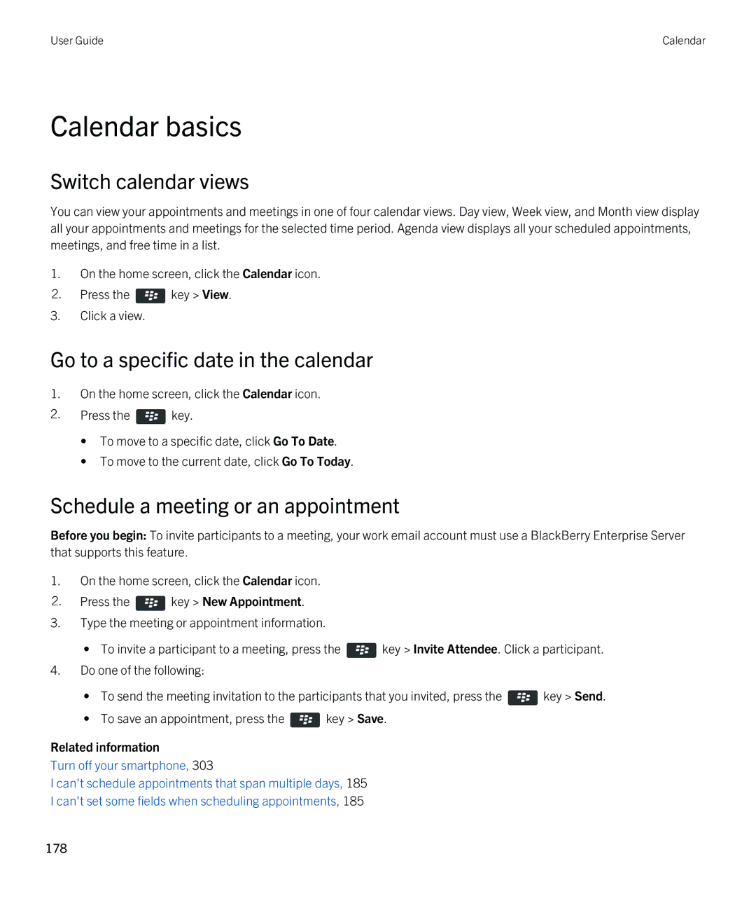 Blackberry 9380 manual Calendar basics, Switch calendar views, Go to a specific date in the calendar 