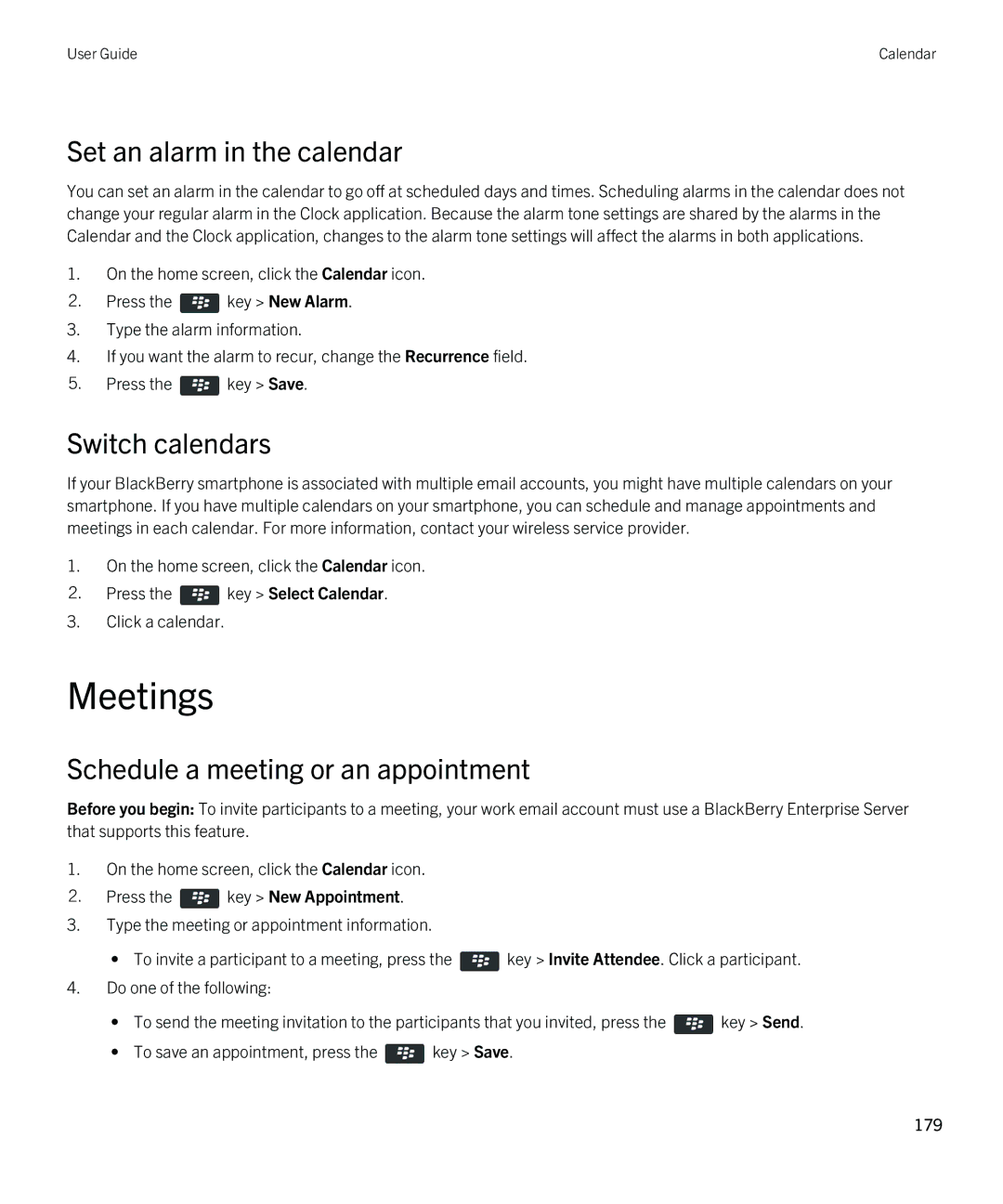 Blackberry 9380 manual Meetings, Set an alarm in the calendar, Switch calendars 