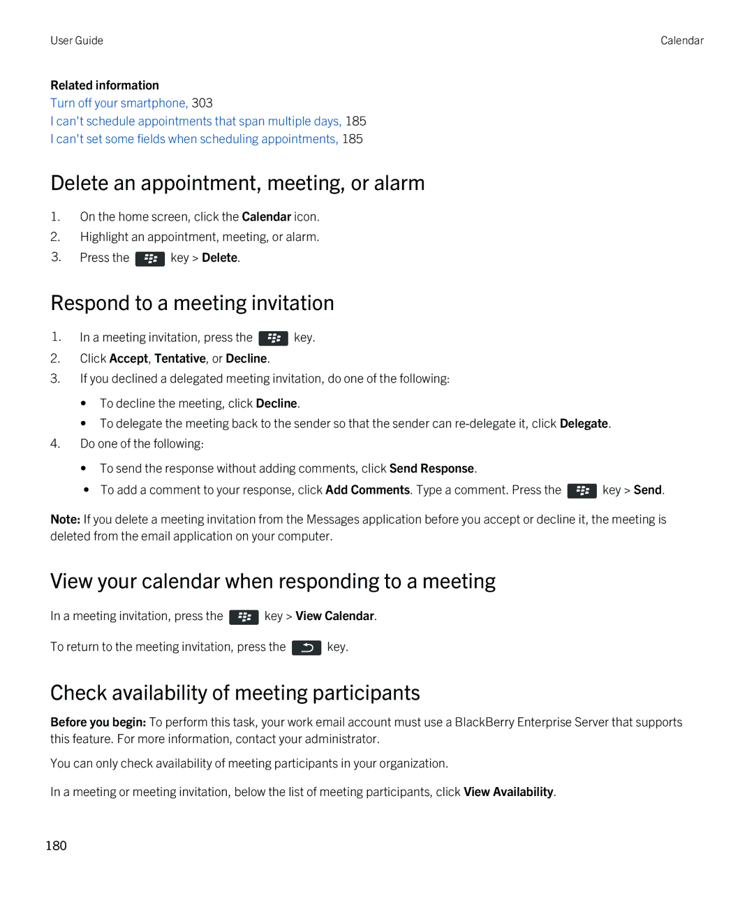 Blackberry 9380 manual Delete an appointment, meeting, or alarm, Respond to a meeting invitation 