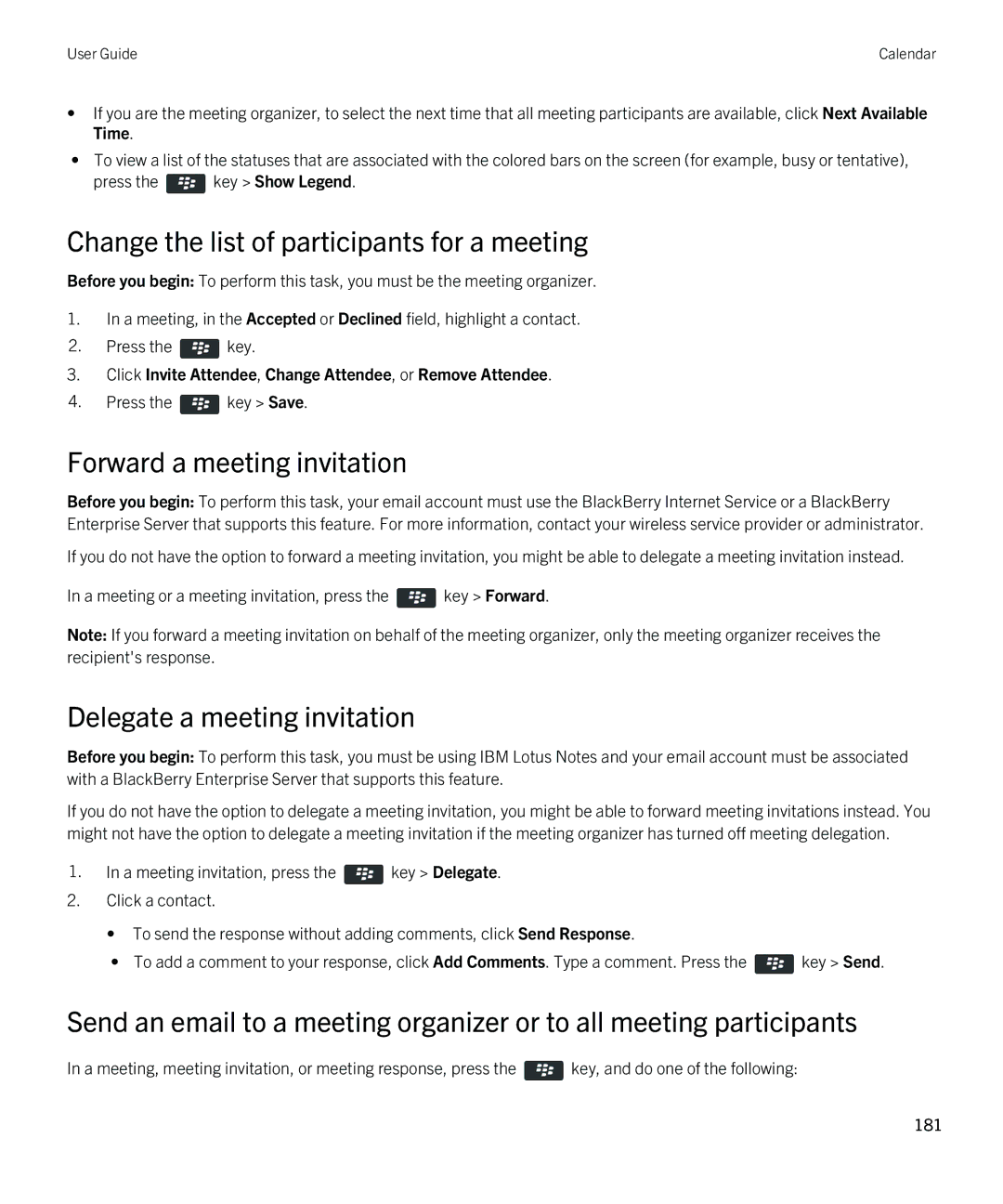 Blackberry 9380 Change the list of participants for a meeting, Forward a meeting invitation, Delegate a meeting invitation 