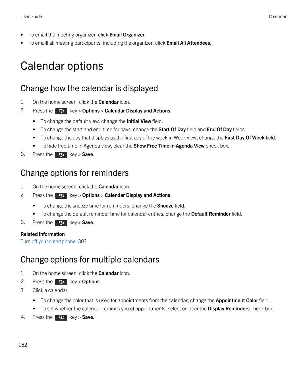 Blackberry 9380 manual Calendar options, Change how the calendar is displayed, Change options for reminders 