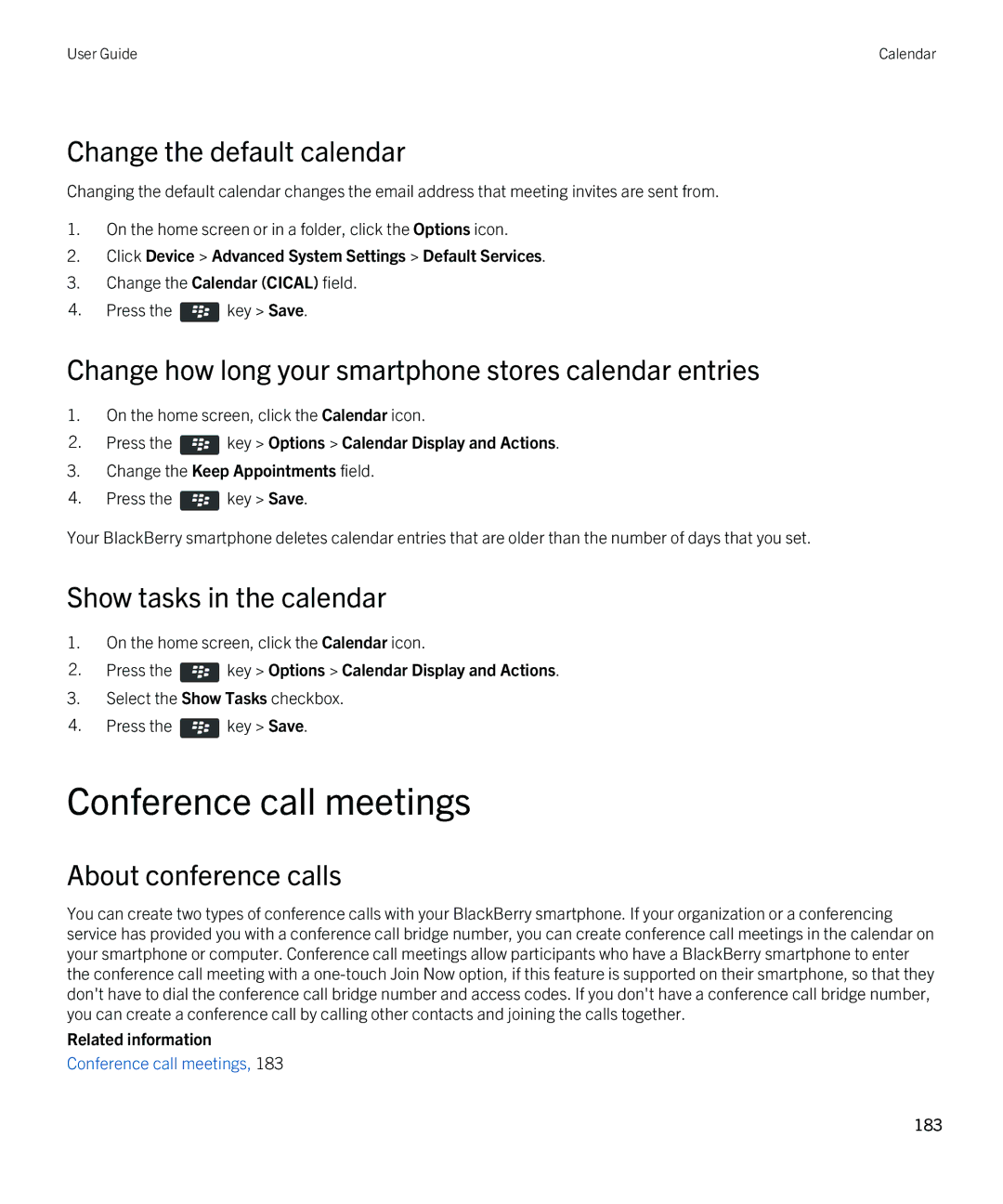 Blackberry 9380 manual Conference call meetings, Change the default calendar, Show tasks in the calendar 