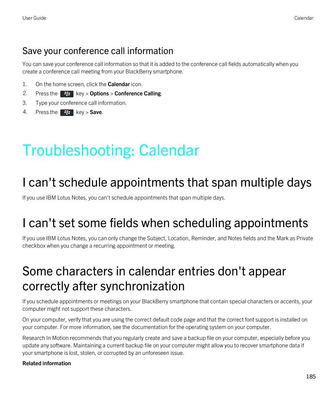 Blackberry 9380 manual Troubleshooting Calendar, Cant schedule appointments that span multiple days 