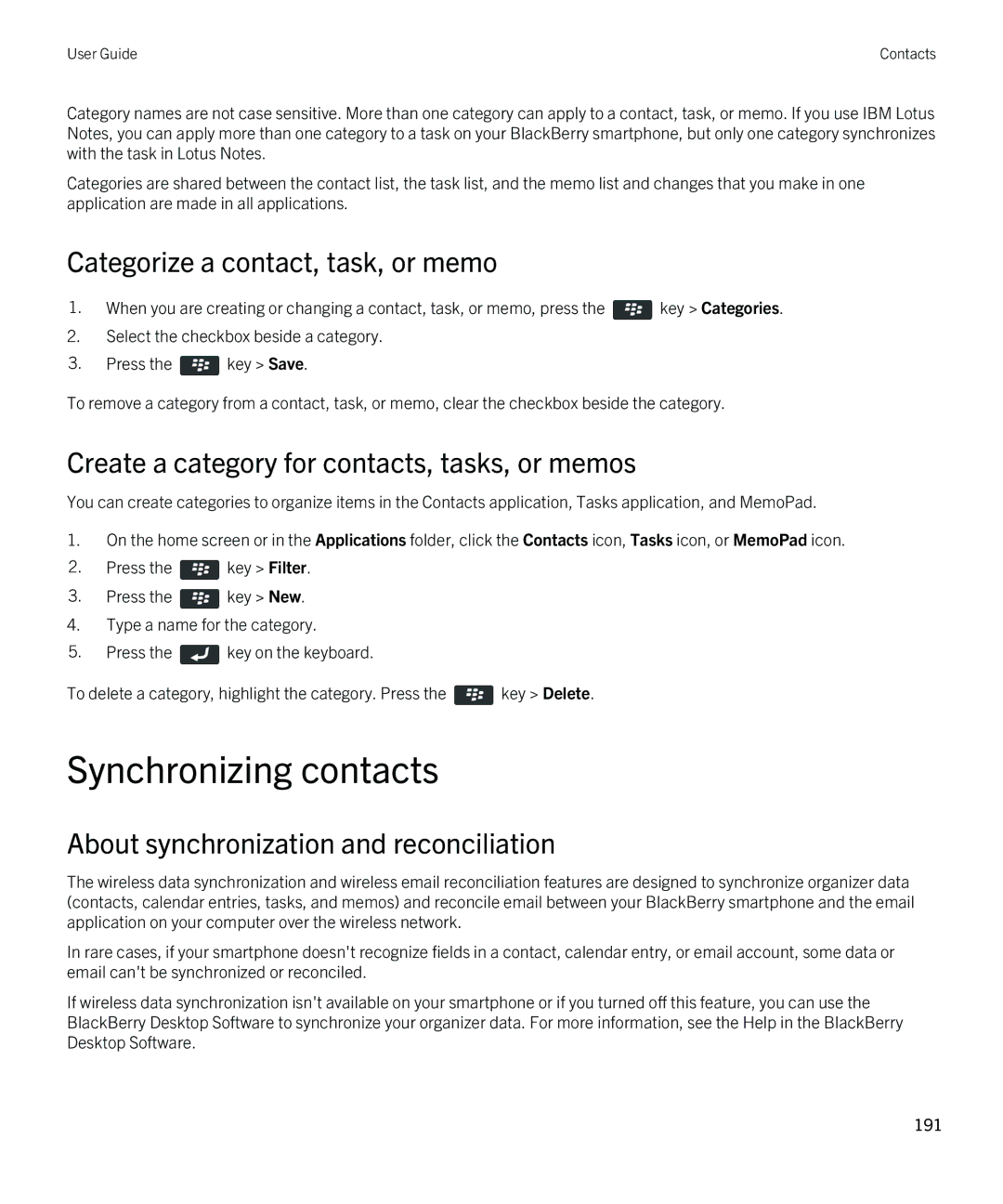 Blackberry 9380 manual Synchronizing contacts, Categorize a contact, task, or memo 