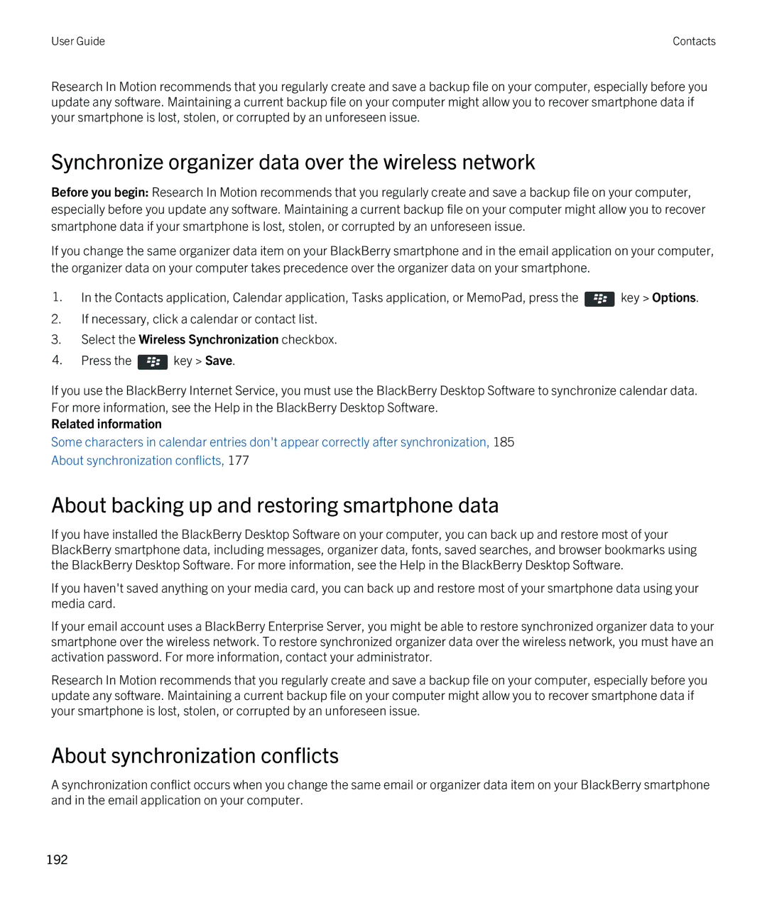 Blackberry 9380 manual Synchronize organizer data over the wireless network 