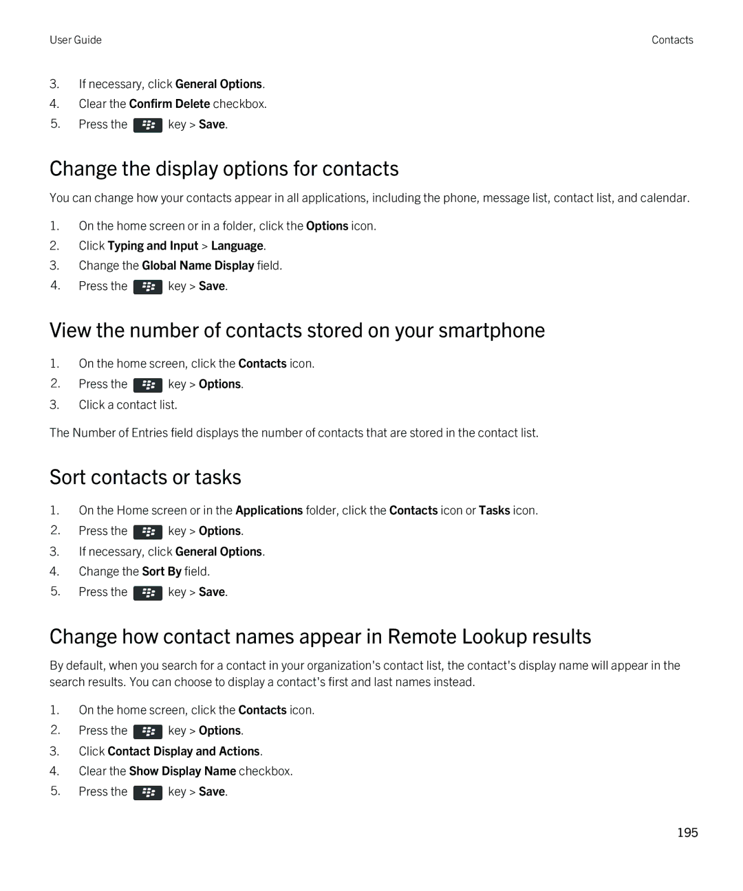 Blackberry 9380 manual Change the display options for contacts, View the number of contacts stored on your smartphone 