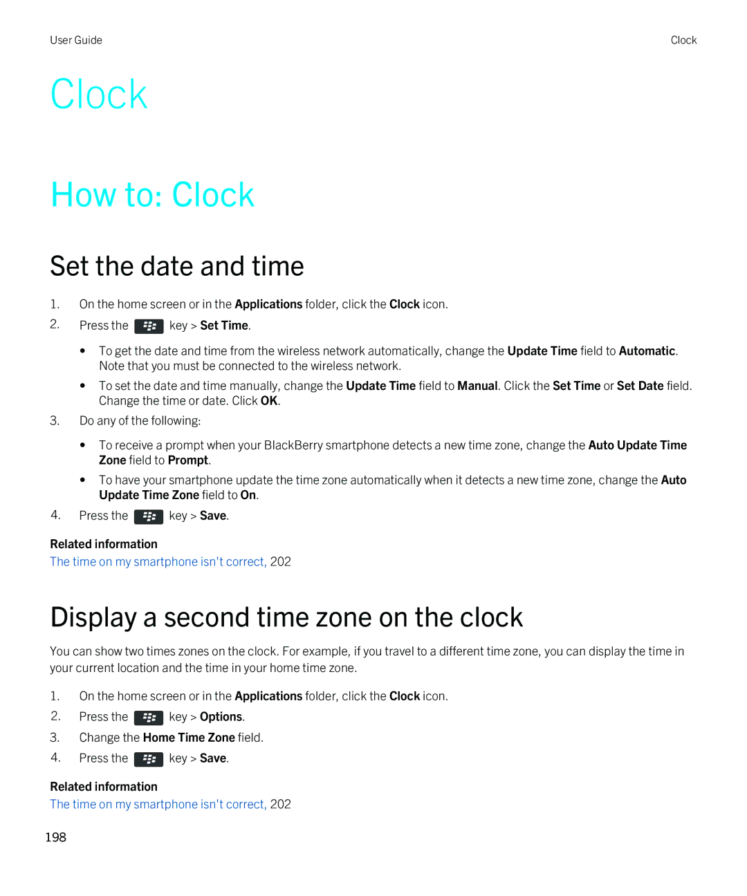 Blackberry 9380 manual How to Clock, Set the date and time, Display a second time zone on the clock 