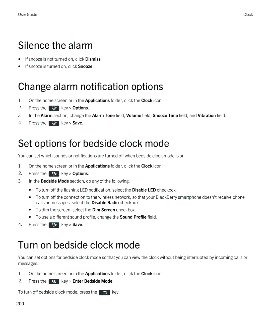 Blackberry 9380 manual Silence the alarm, Set options for bedside clock mode, Turn on bedside clock mode 