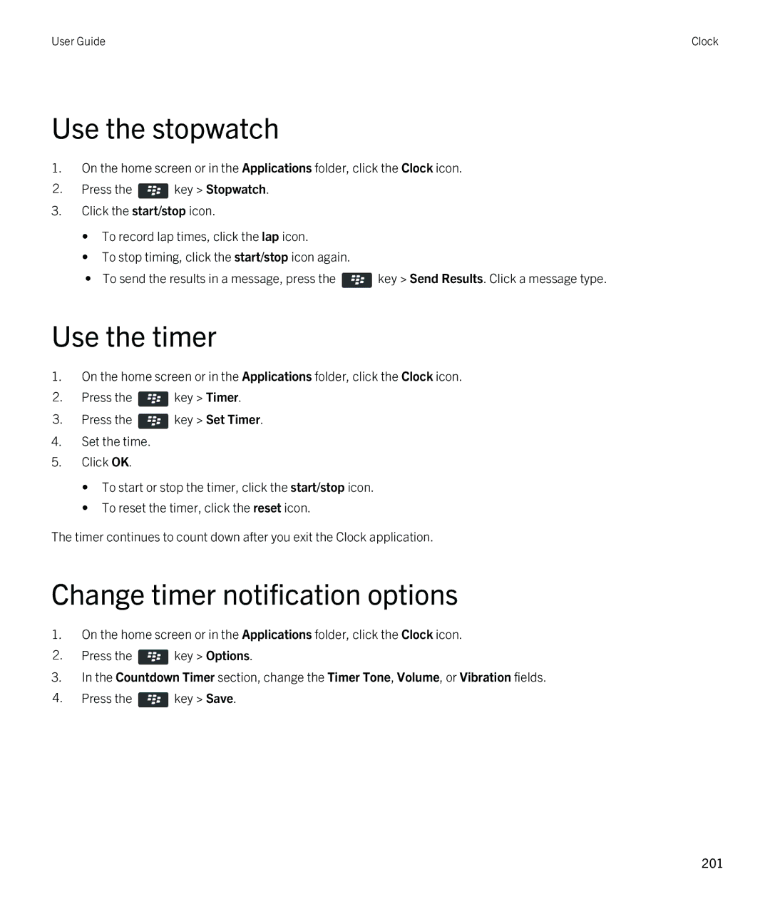 Blackberry 9380 manual Use the stopwatch, Use the timer, Change timer notification options 