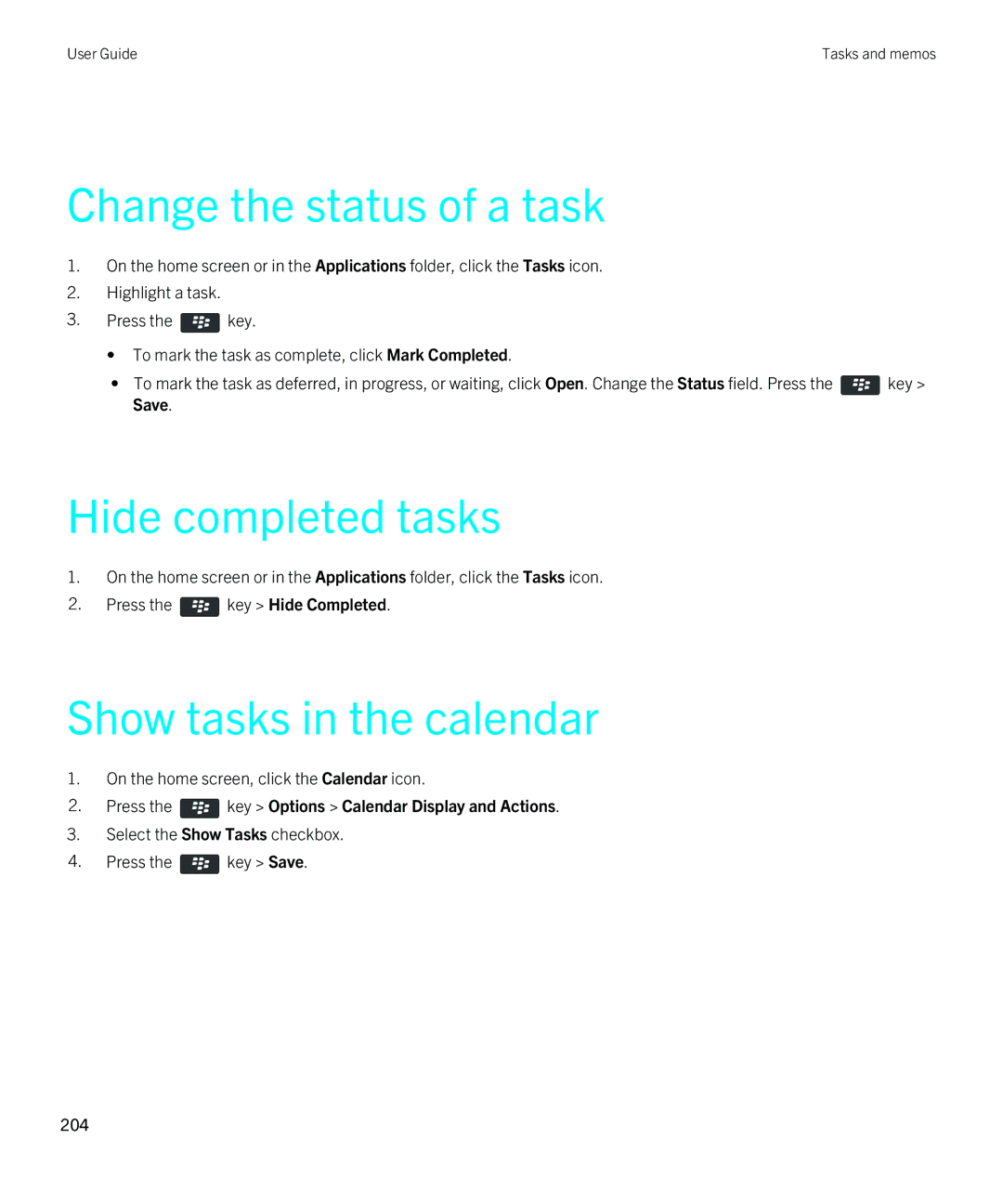 Blackberry 9380 manual Change the status of a task, Hide completed tasks, Show tasks in the calendar 