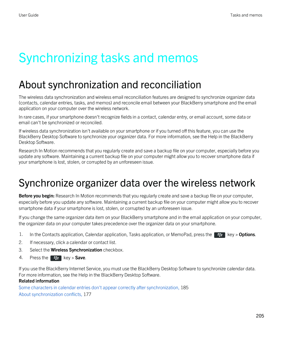 Blackberry 9380 manual Synchronizing tasks and memos, About synchronization and reconciliation 