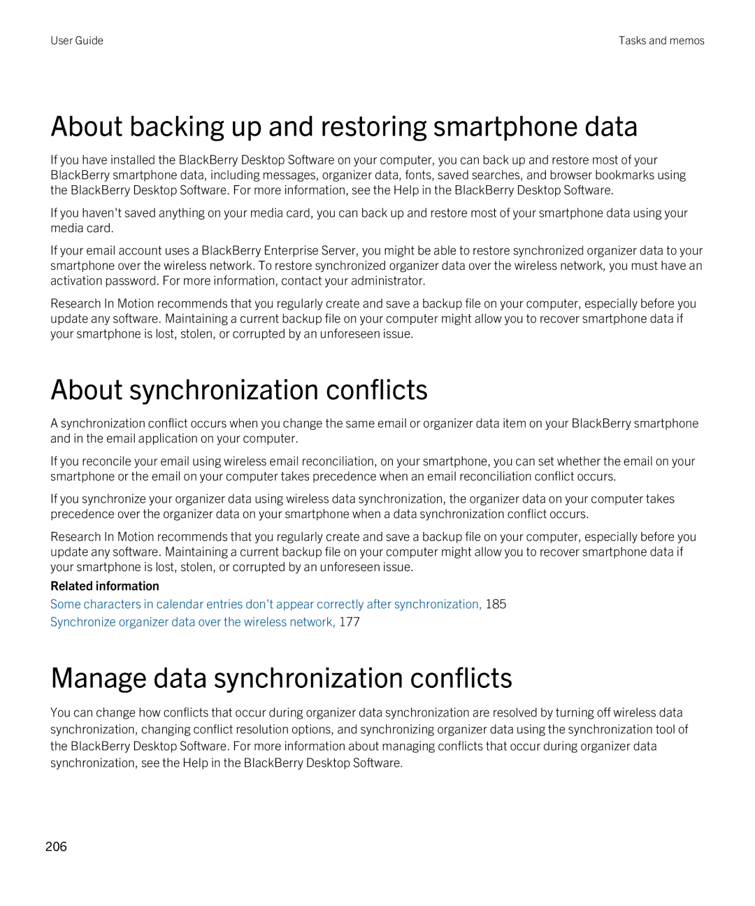 Blackberry 9380 manual About backing up and restoring smartphone data, About synchronization conflicts 