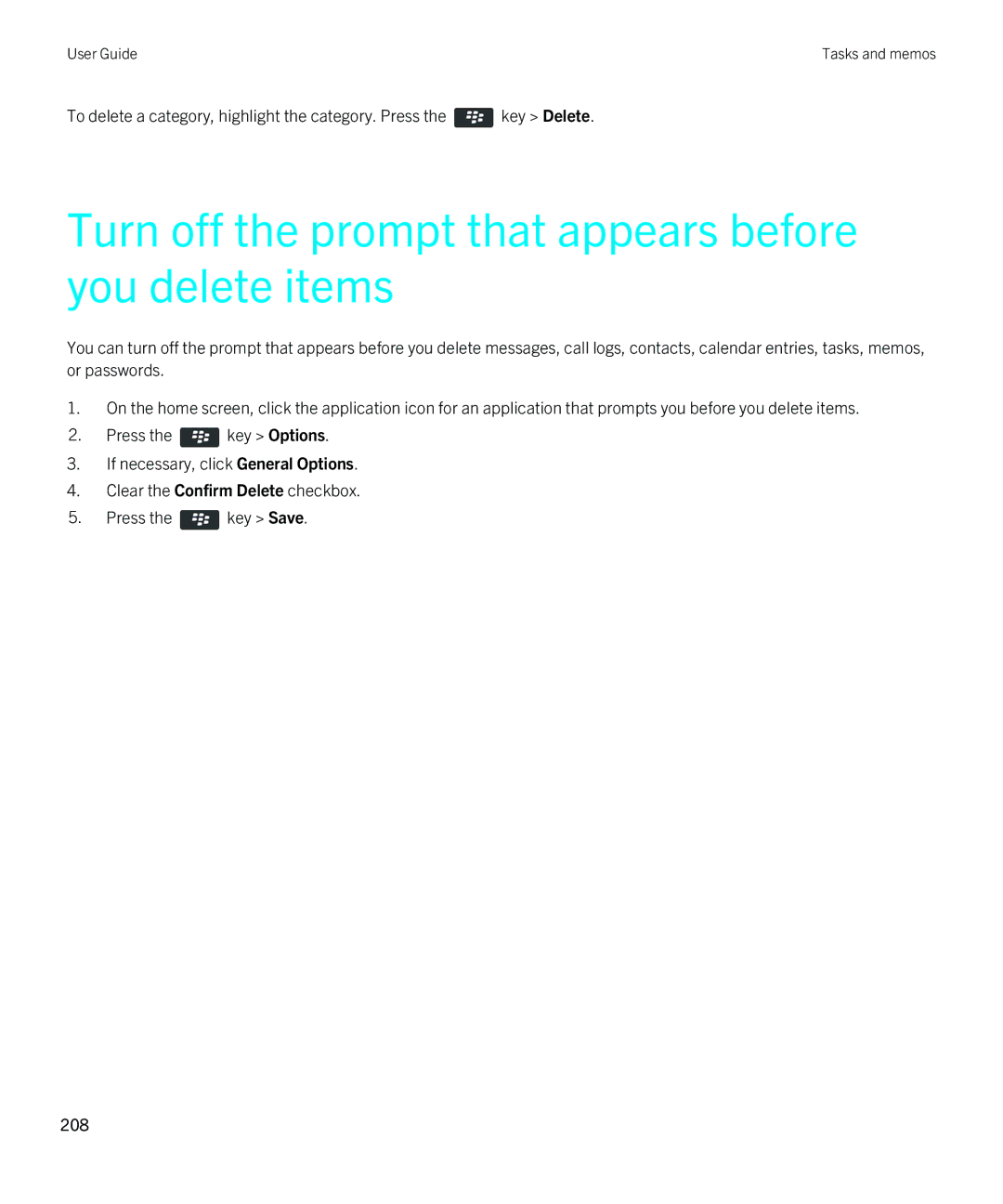 Blackberry 9380 manual Turn off the prompt that appears before you delete items 