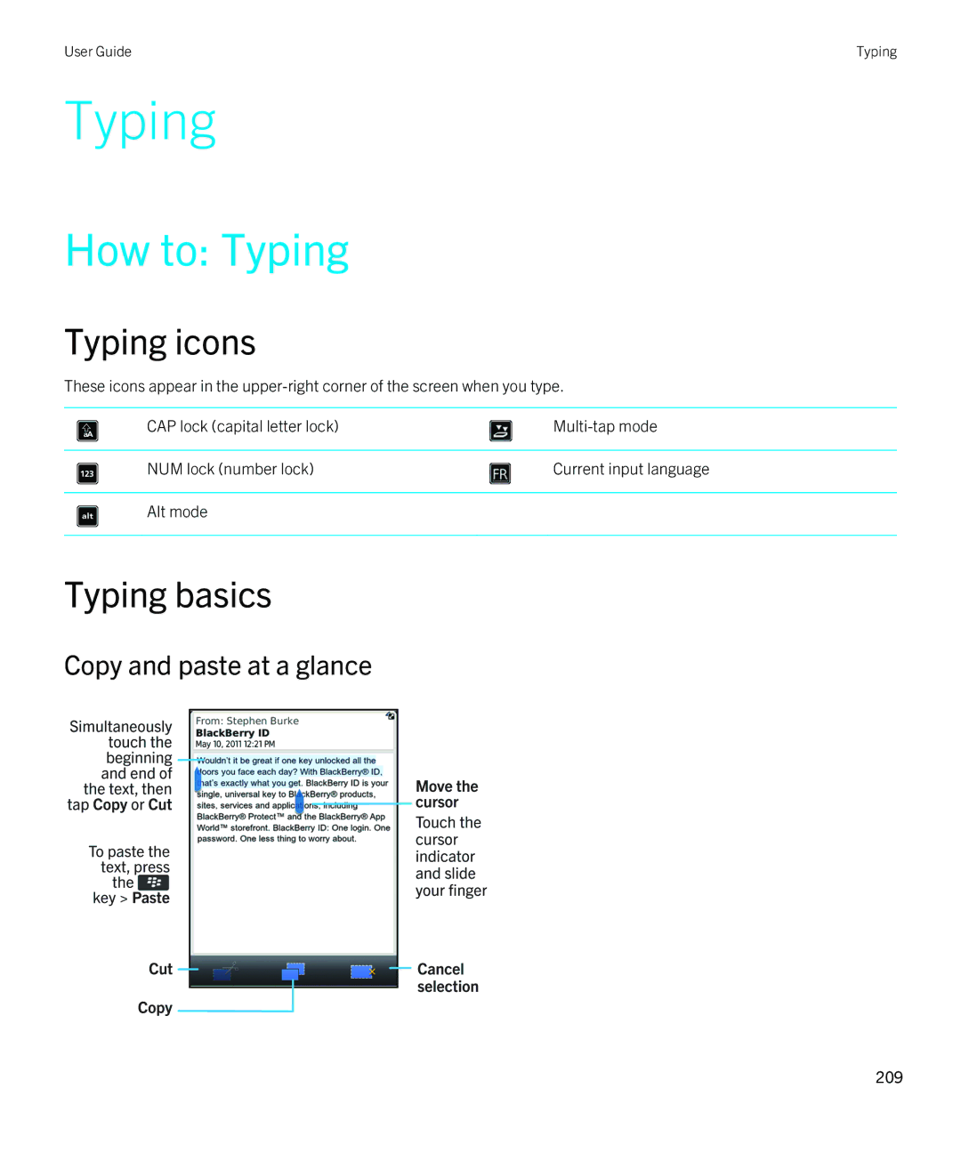 Blackberry 9380 manual How to Typing, Typing icons, Typing basics, Copy and paste at a glance 