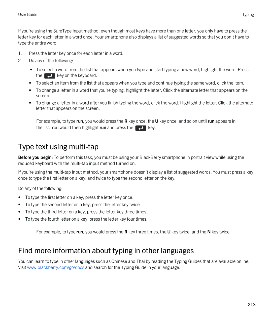Blackberry 9380 manual Type text using multi-tap, Find more information about typing in other languages 