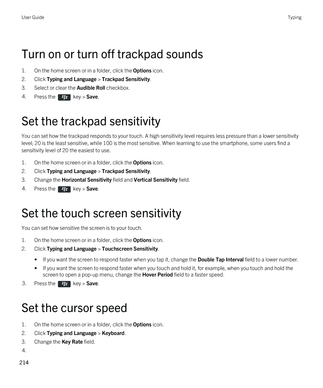 Blackberry 9380 manual Turn on or turn off trackpad sounds, Set the trackpad sensitivity, Set the touch screen sensitivity 