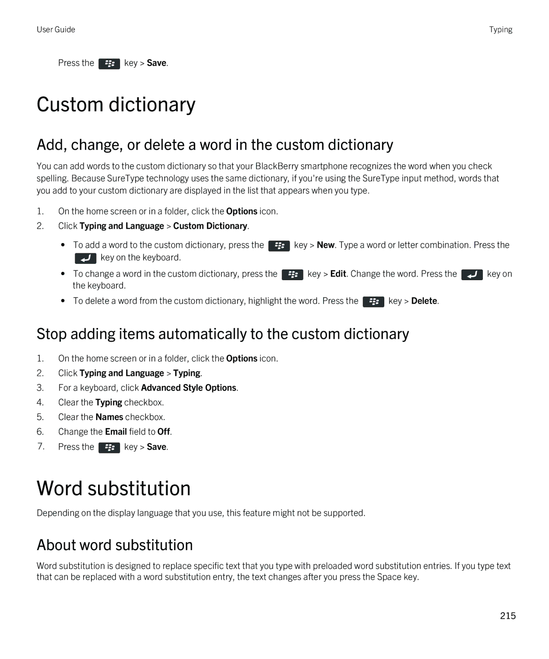 Blackberry 9380 manual Custom dictionary, Word substitution, Add, change, or delete a word in the custom dictionary 