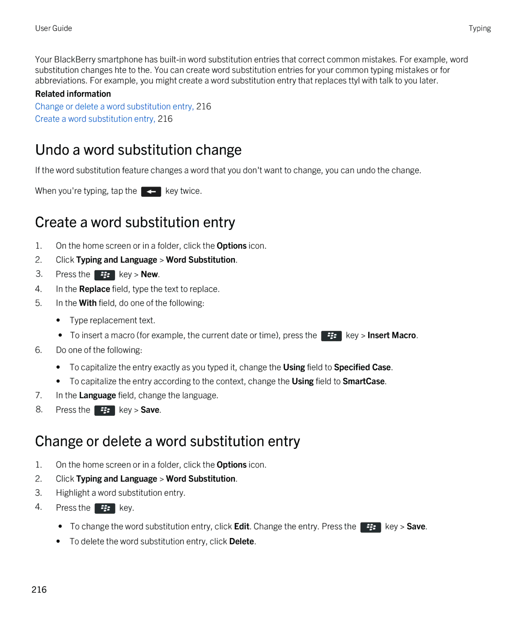 Blackberry 9380 manual Undo a word substitution change, Create a word substitution entry 