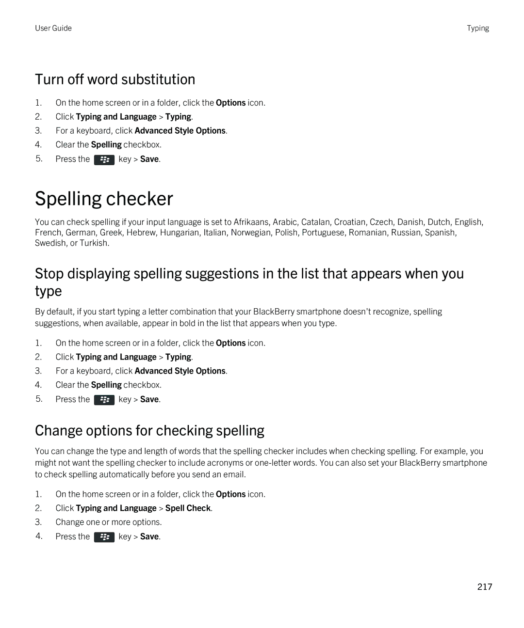 Blackberry 9380 manual Spelling checker, Turn off word substitution, Change options for checking spelling 