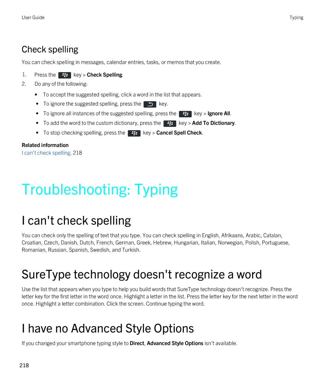 Blackberry 9380 manual Troubleshooting Typing, Cant check spelling, SureType technology doesnt recognize a word 