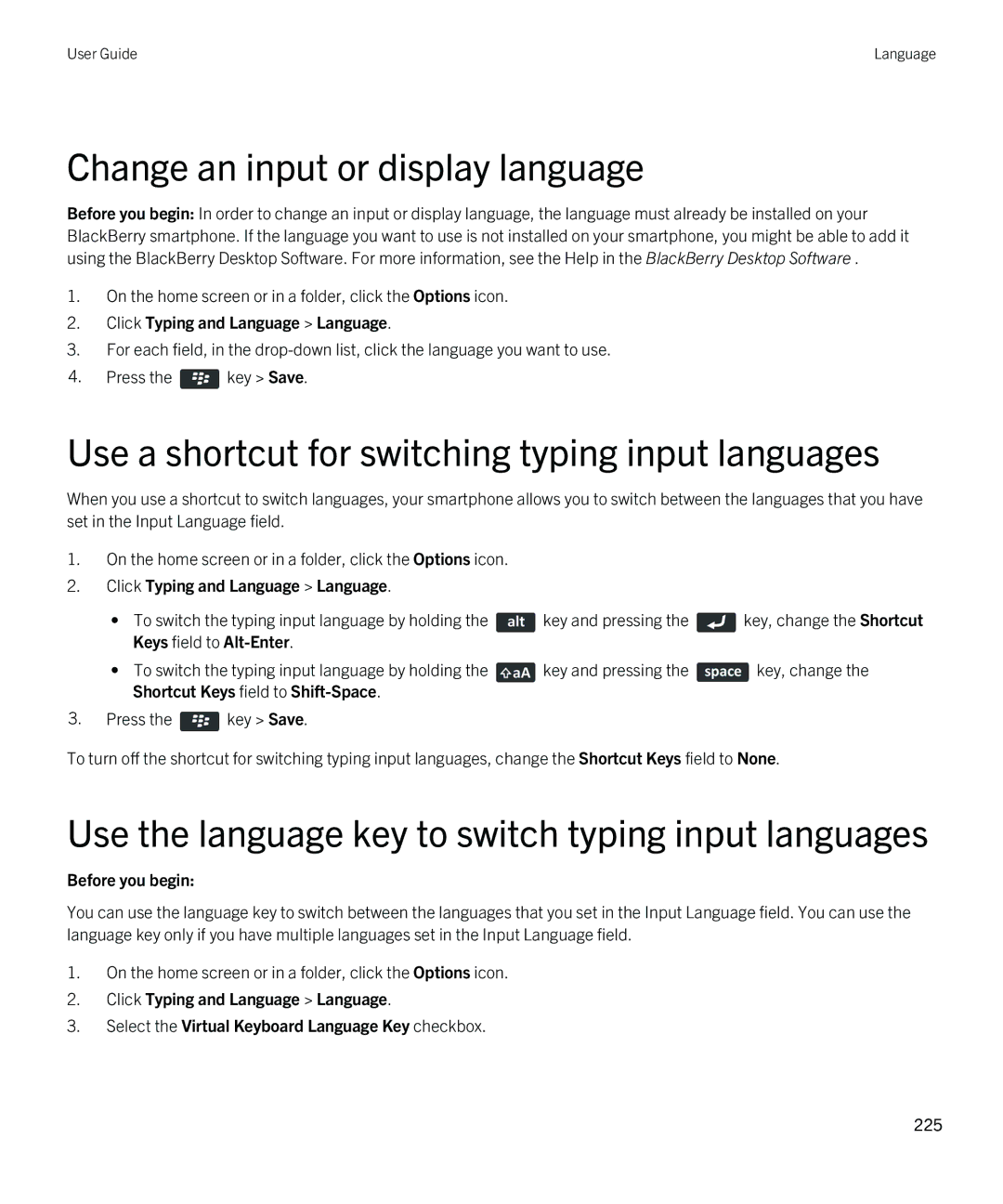 Blackberry 9380 manual Change an input or display language, Use a shortcut for switching typing input languages 