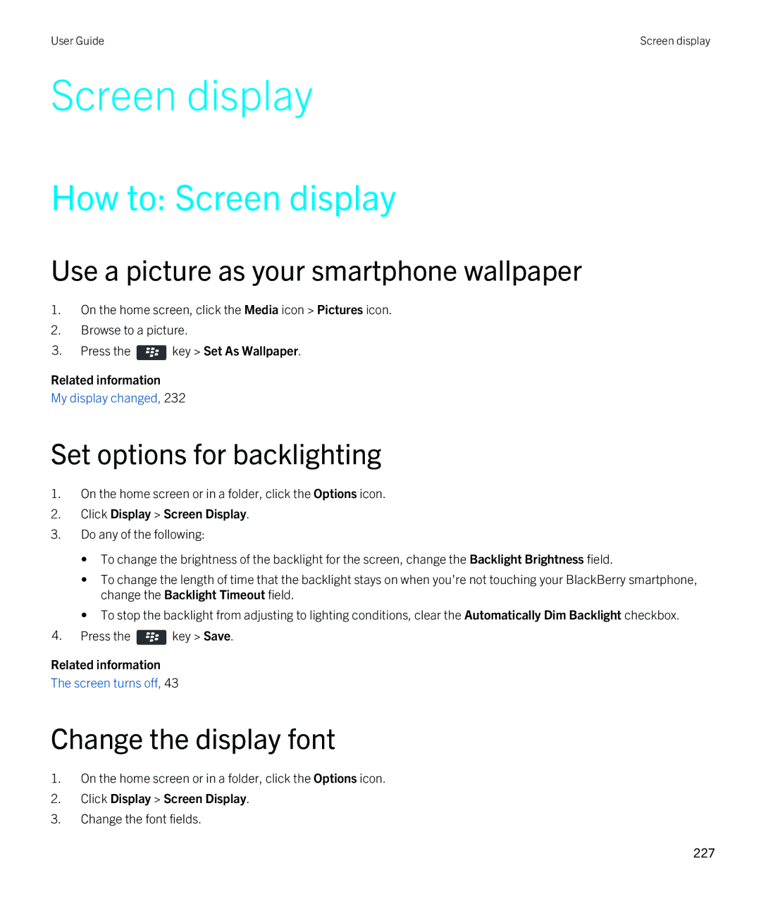 Blackberry 9380 manual How to Screen display, Use a picture as your smartphone wallpaper, Set options for backlighting 