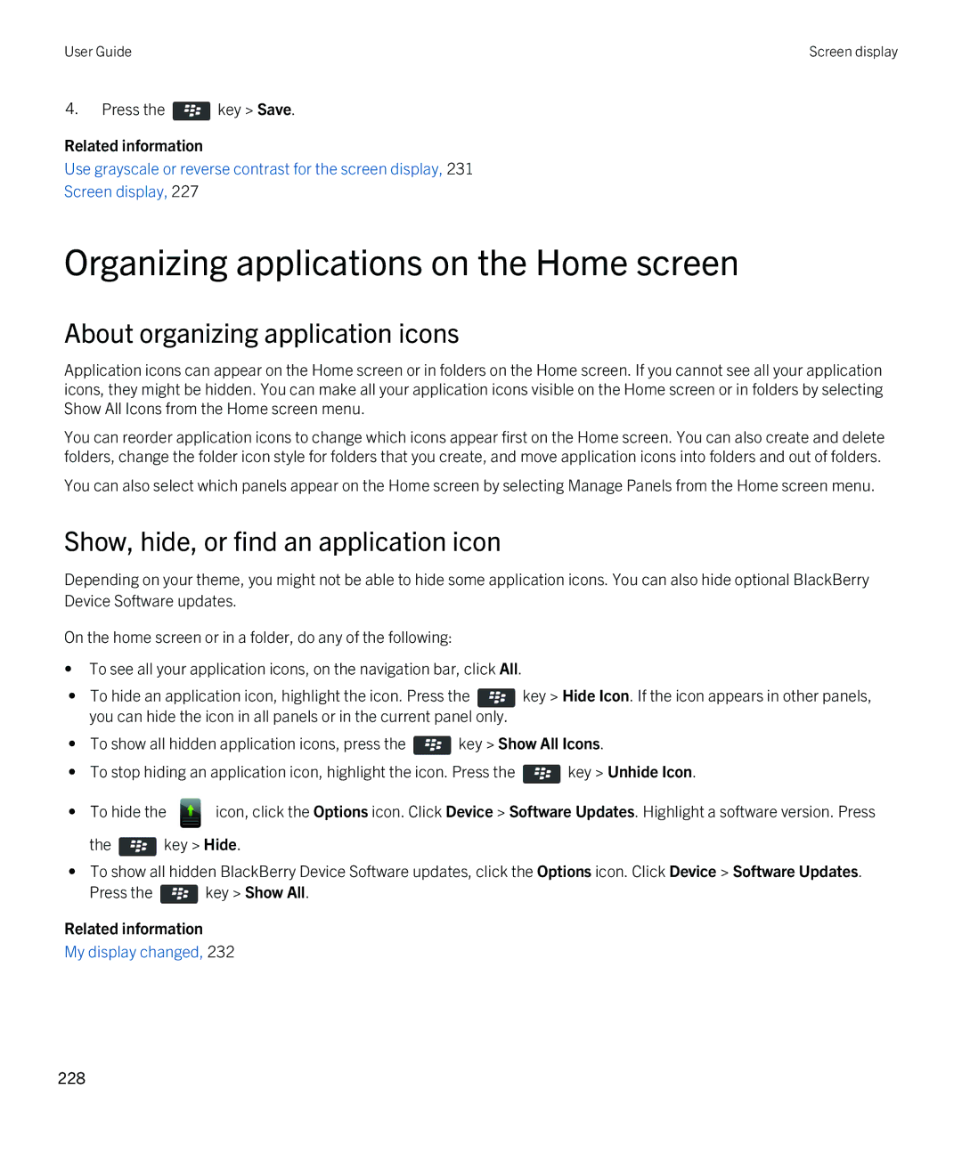 Blackberry 9380 manual Organizing applications on the Home screen, About organizing application icons 