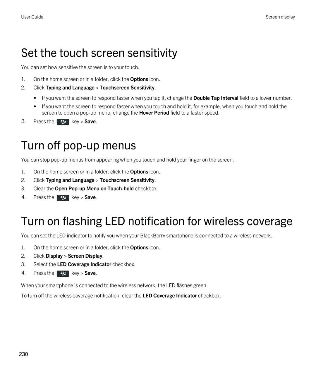 Blackberry 9380 manual Turn off pop-up menus, Turn on flashing LED notification for wireless coverage 