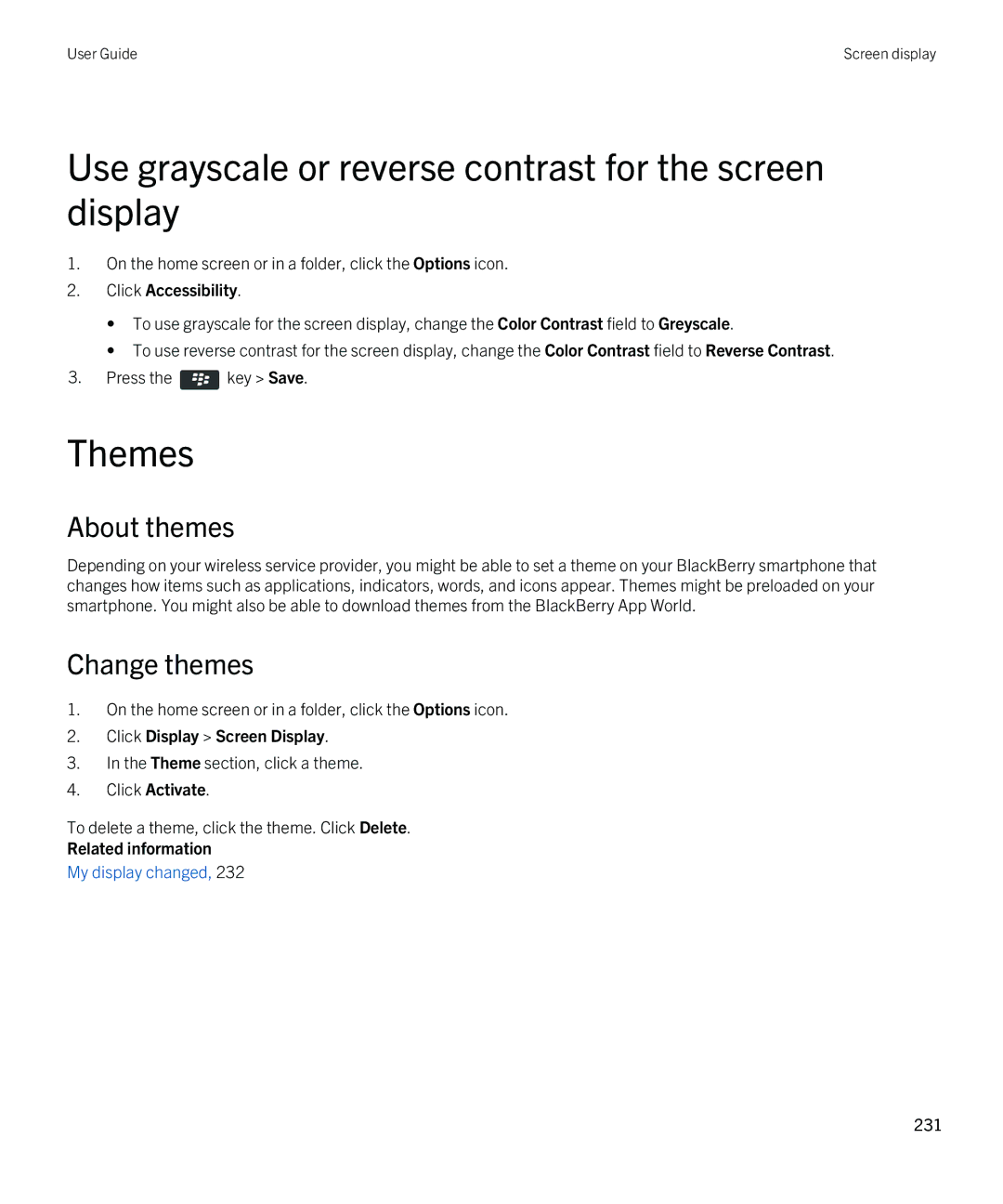 Blackberry 9380 manual Use grayscale or reverse contrast for the screen display, Themes, About themes 