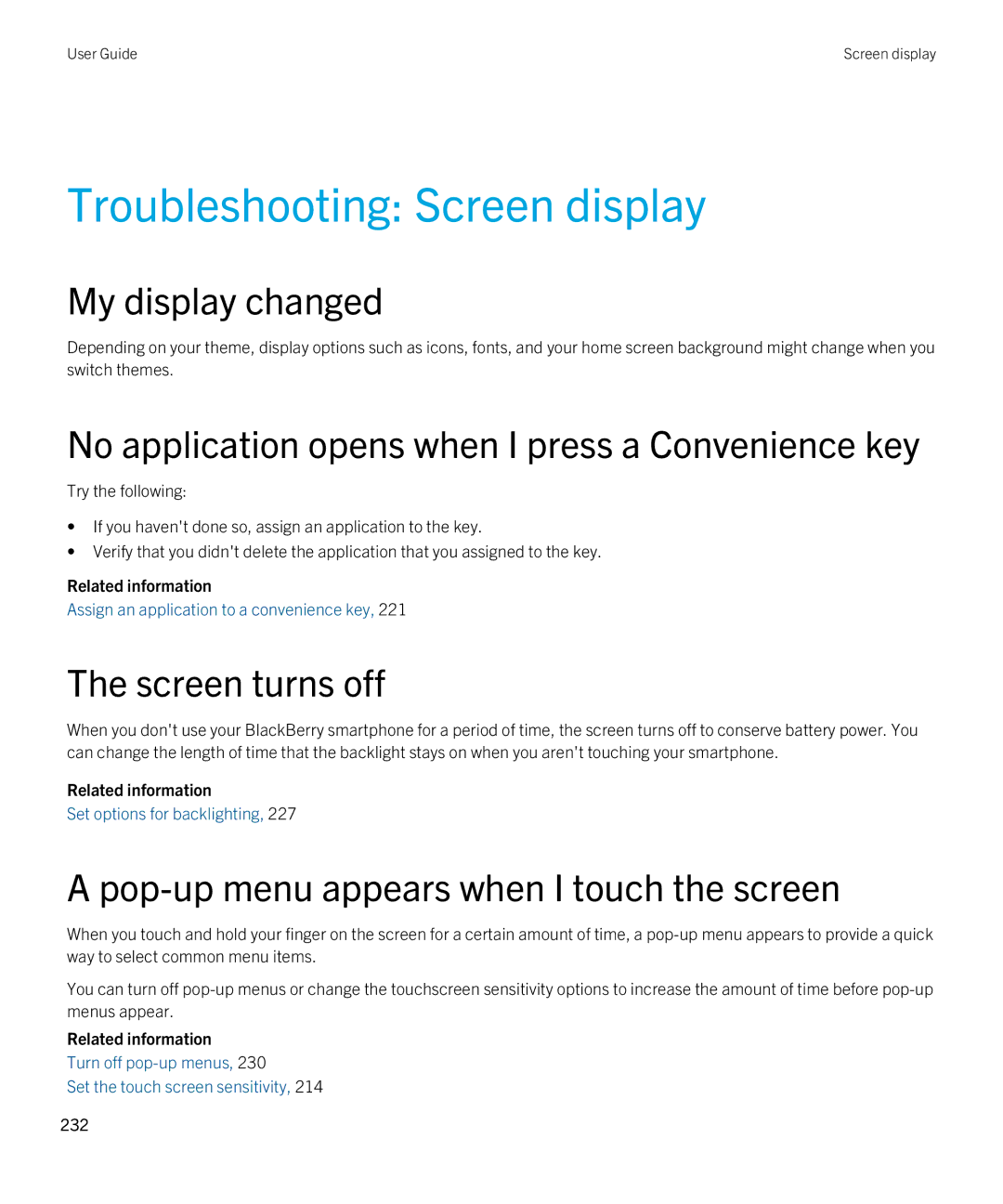 Blackberry 9380 Troubleshooting Screen display, My display changed, No application opens when I press a Convenience key 