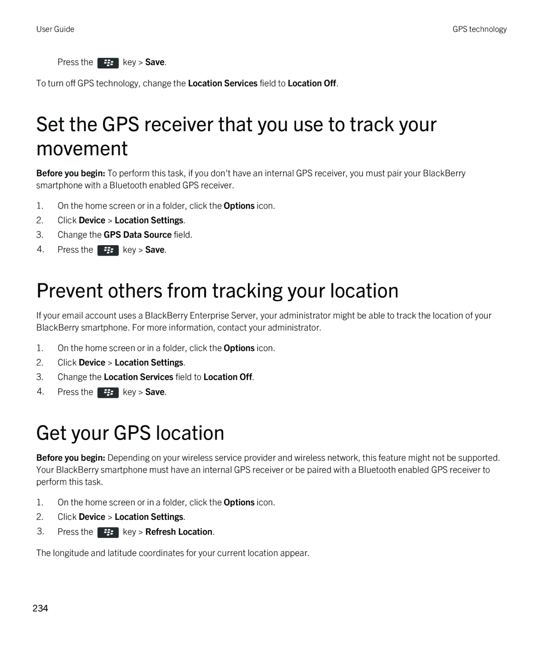 Blackberry 9380 manual Set the GPS receiver that you use to track your movement, Prevent others from tracking your location 