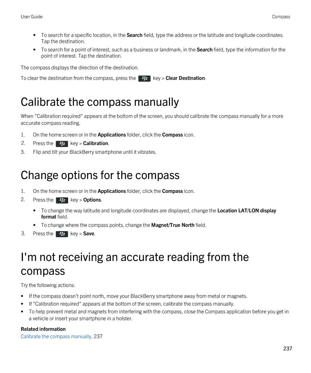 Blackberry 9380 Calibrate the compass manually, Change options for the compass 