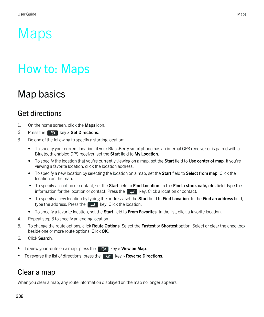 Blackberry 9380 manual How to Maps, Map basics, Get directions, Clear a map 