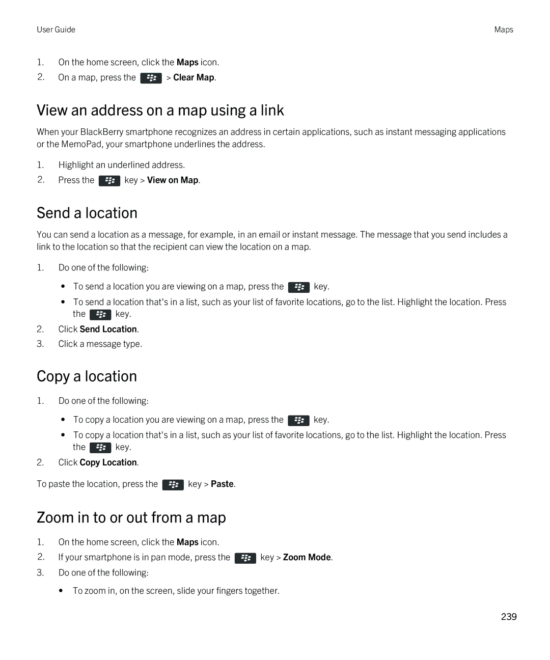 Blackberry 9380 View an address on a map using a link, Send a location, Copy a location, Zoom in to or out from a map 