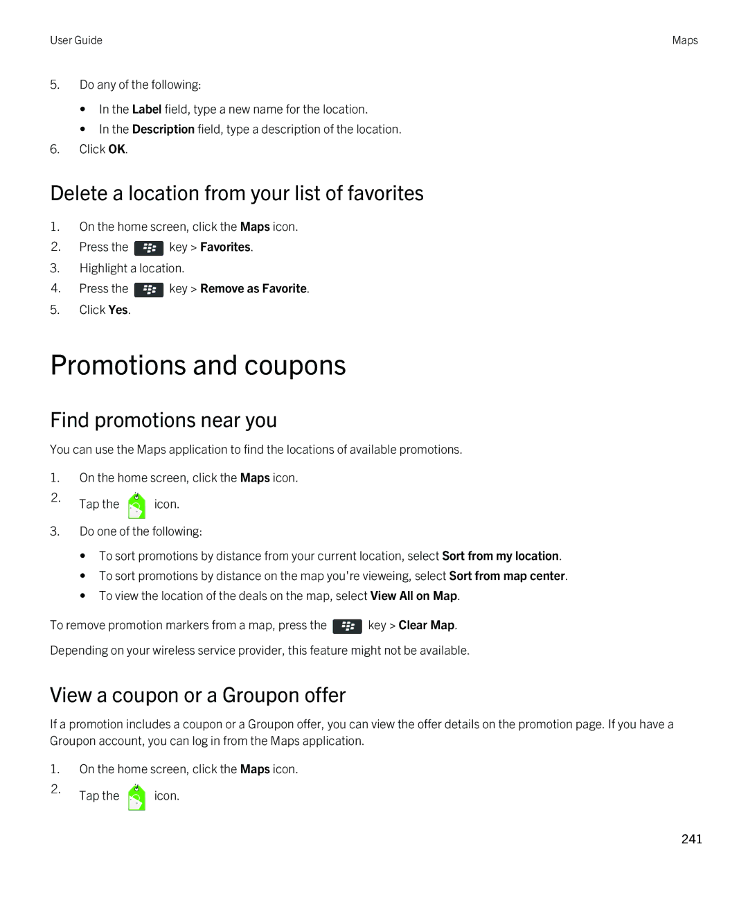 Blackberry 9380 manual Promotions and coupons, Delete a location from your list of favorites, Find promotions near you 