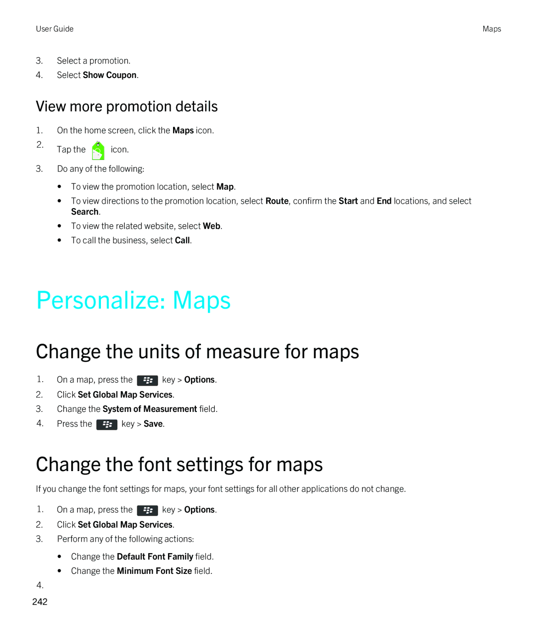 Blackberry 9380 manual Personalize Maps, Change the units of measure for maps, Change the font settings for maps 