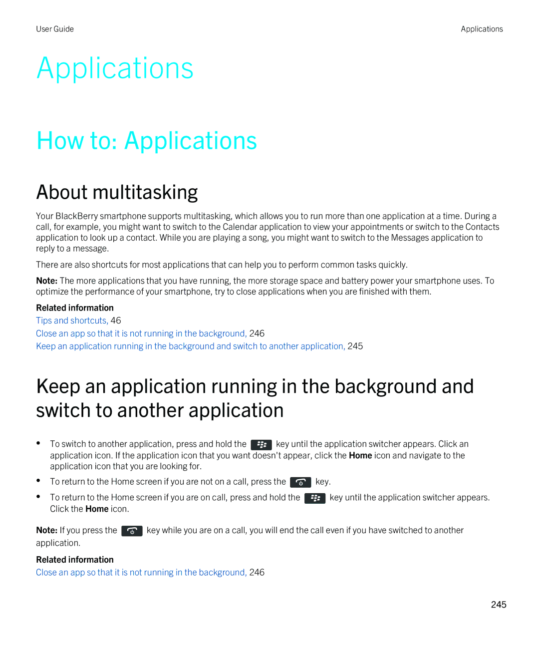 Blackberry 9380 manual How to Applications, About multitasking 