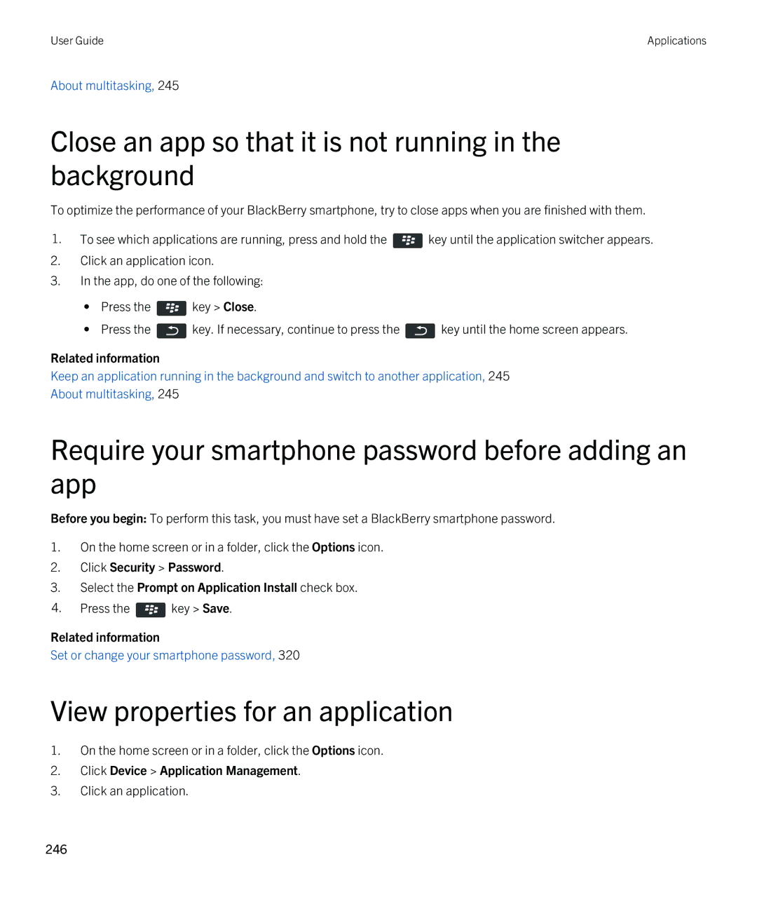 Blackberry 9380 manual Close an app so that it is not running in the background, View properties for an application 