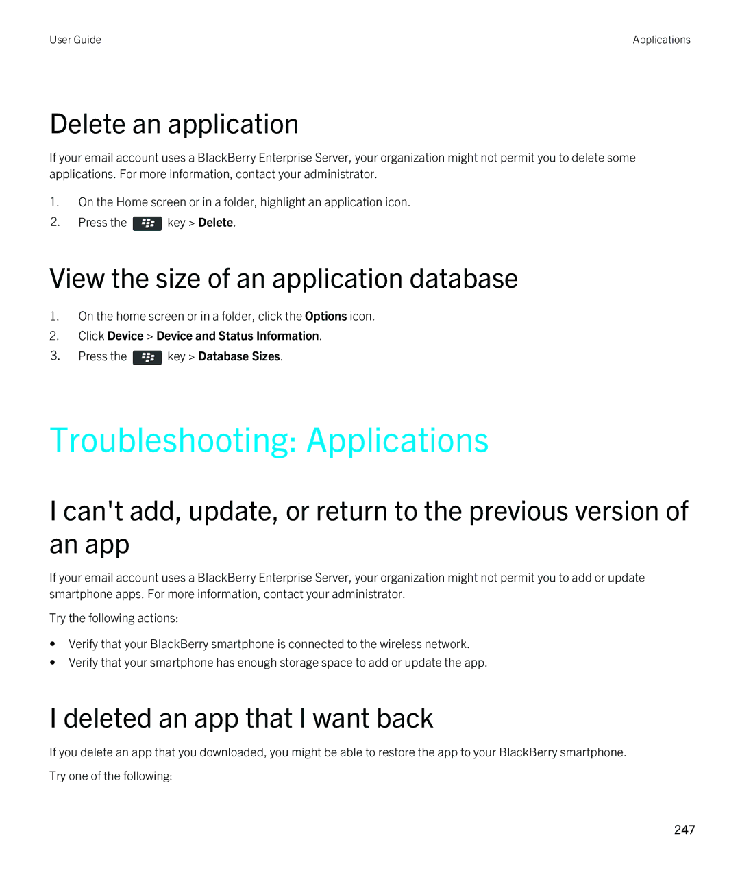 Blackberry 9380 manual Troubleshooting Applications, Delete an application, View the size of an application database 