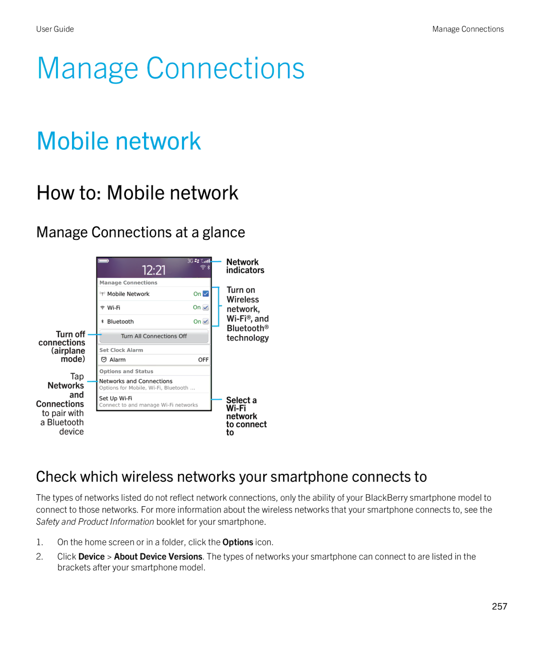 Blackberry 9380 manual Manage Connections, How to Mobile network 