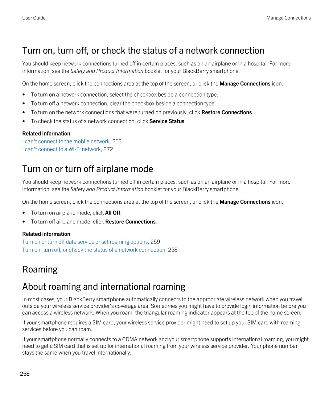 Blackberry 9380 manual Turn on or turn off airplane mode, Roaming About roaming and international roaming 