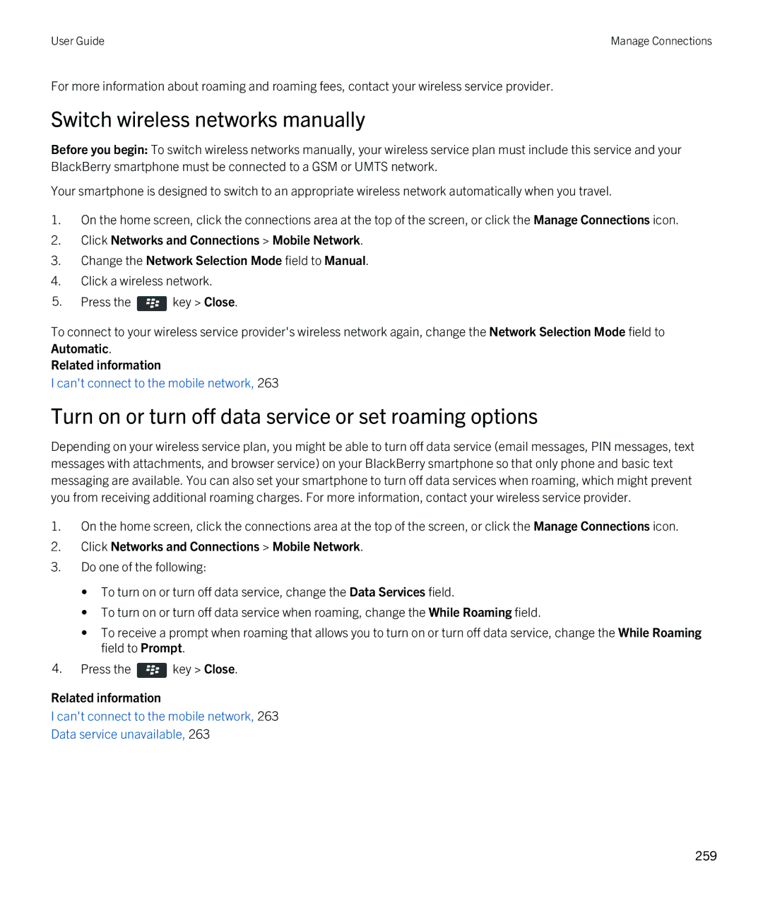 Blackberry 9380 Switch wireless networks manually, Turn on or turn off data service or set roaming options 