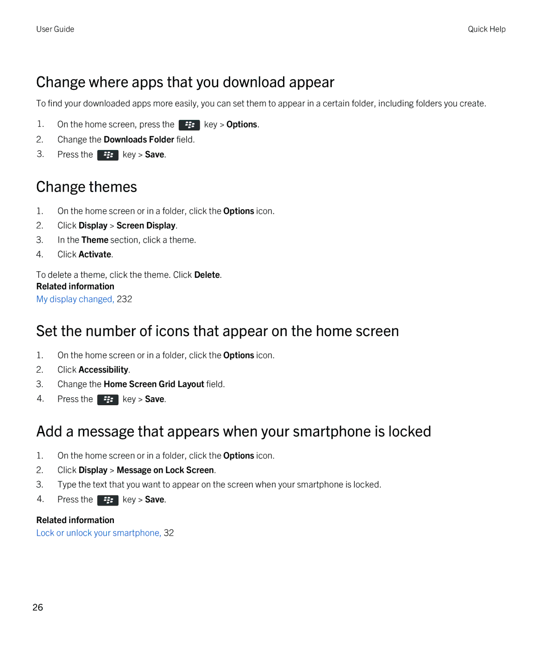 Blackberry 9380 manual Change where apps that you download appear, Change themes 