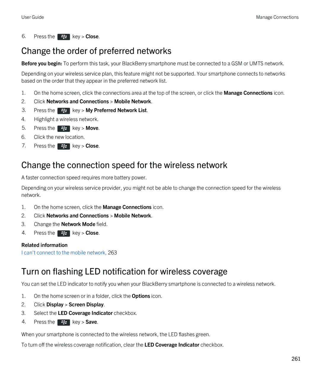 Blackberry 9380 manual Change the order of preferred networks, Change the connection speed for the wireless network 