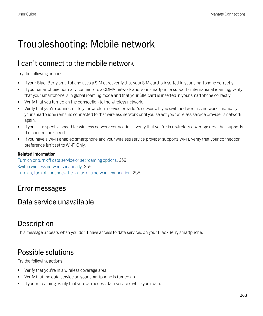 Blackberry 9380 manual Troubleshooting Mobile network, Cant connect to the mobile network, Possible solutions 