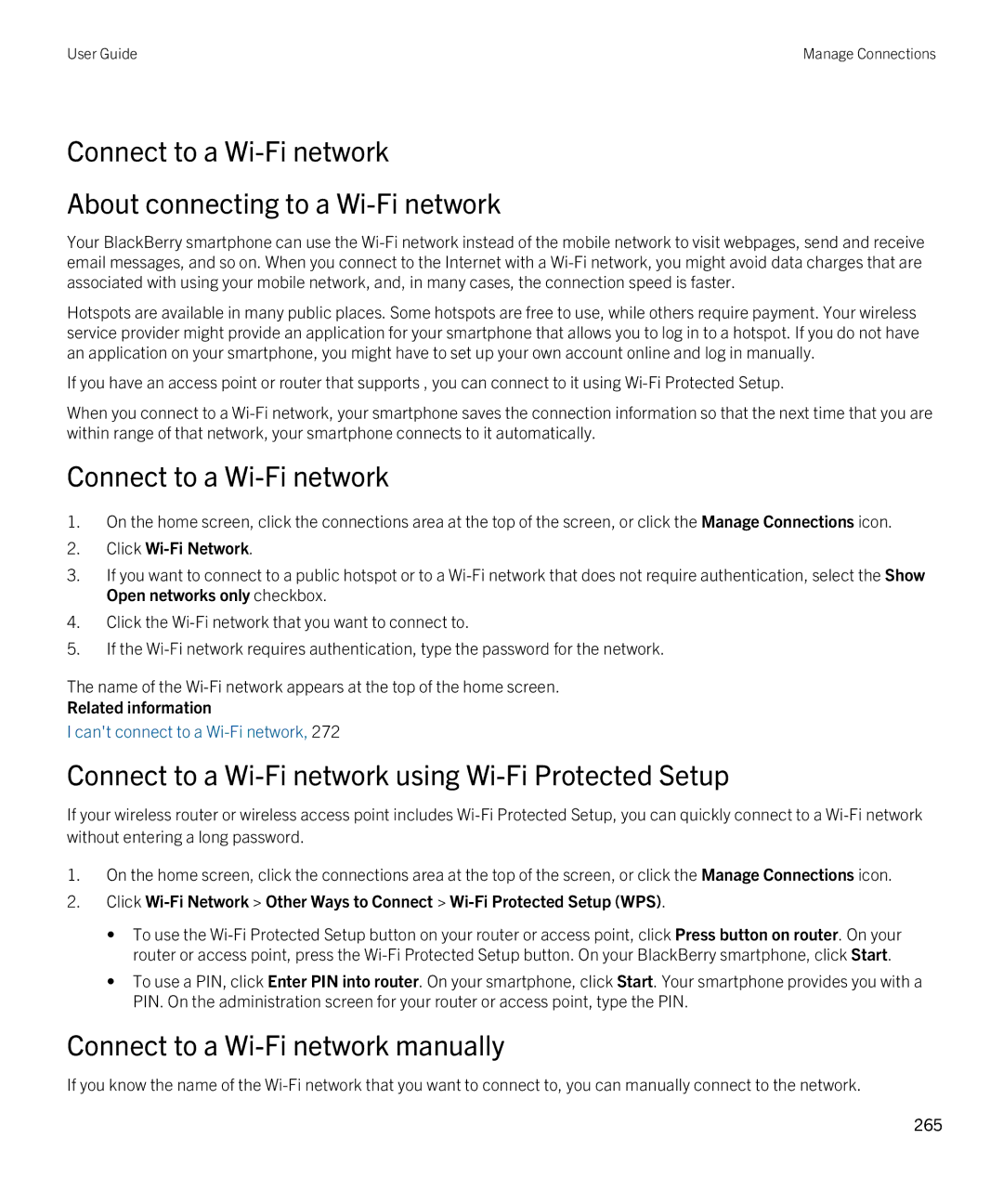 Blackberry 9380 Connect to a Wi-Fi network using Wi-Fi Protected Setup, Connect to a Wi-Fi network manually 