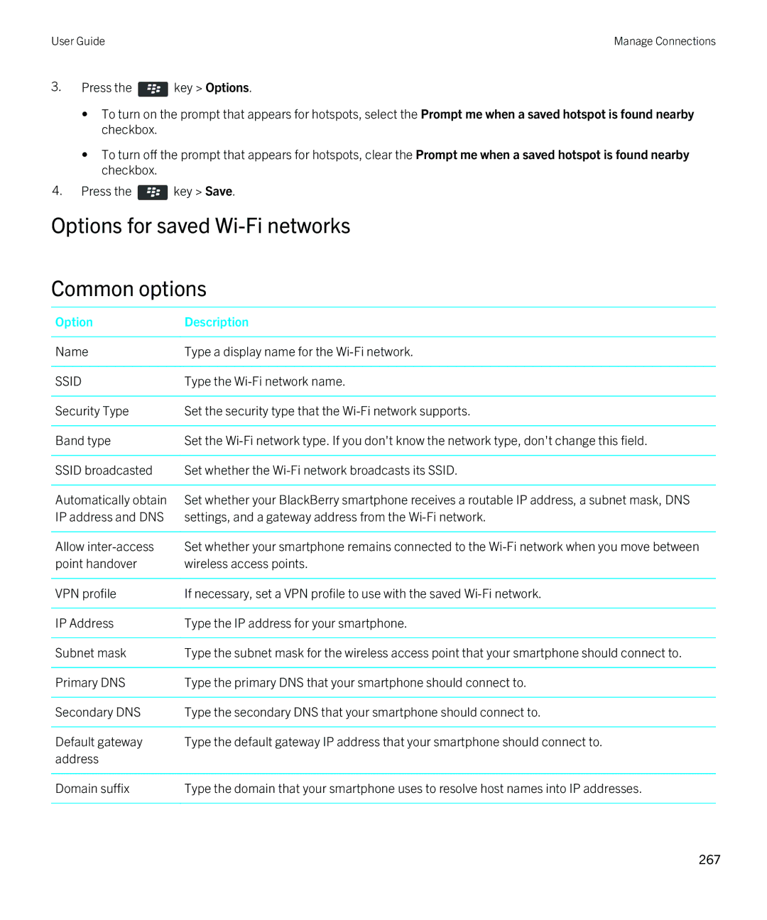 Blackberry 9380 manual Options for saved Wi-Fi networks Common options, Ssid 