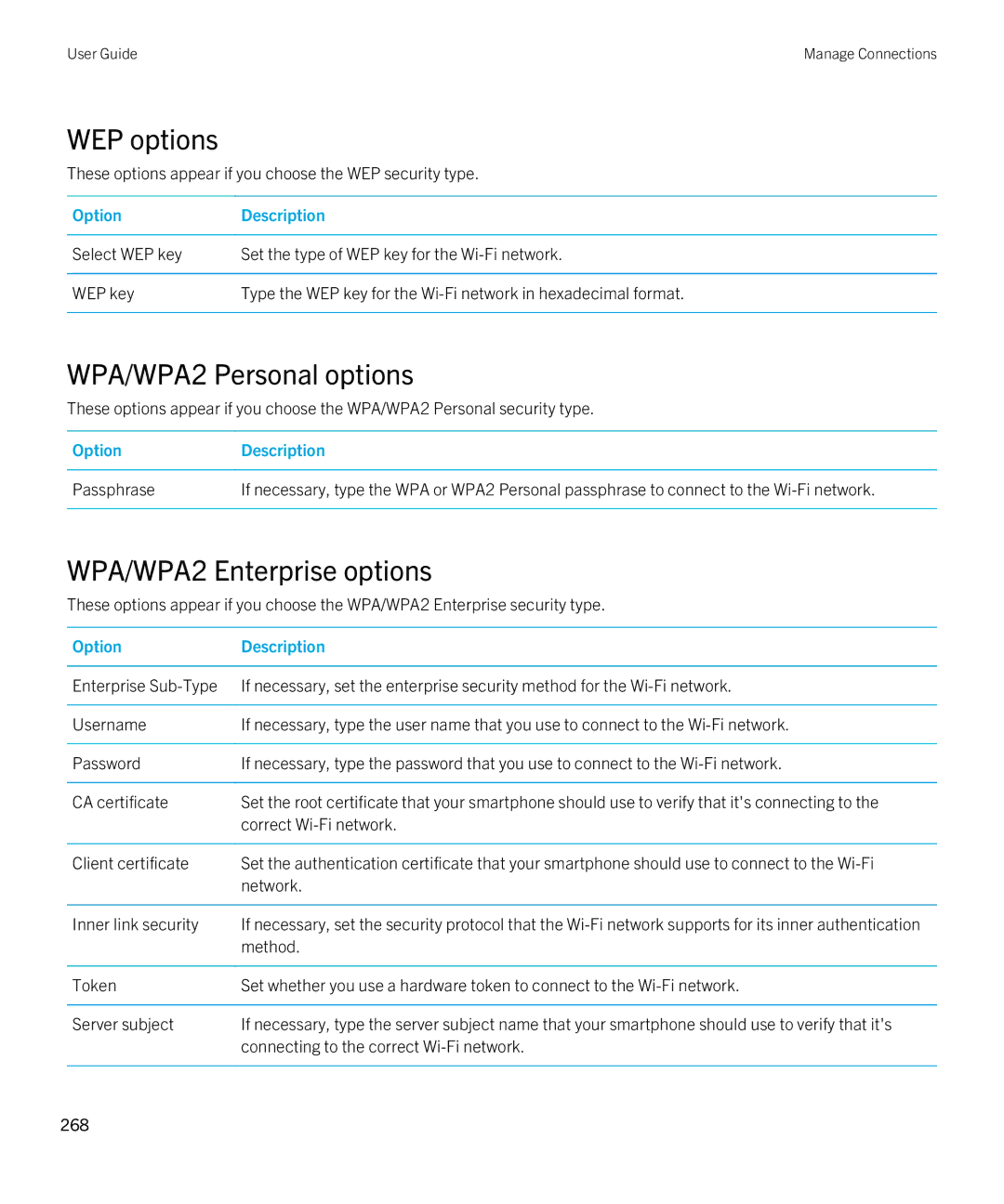 Blackberry 9380 manual WEP options, WPA/WPA2 Personal options, WPA/WPA2 Enterprise options 